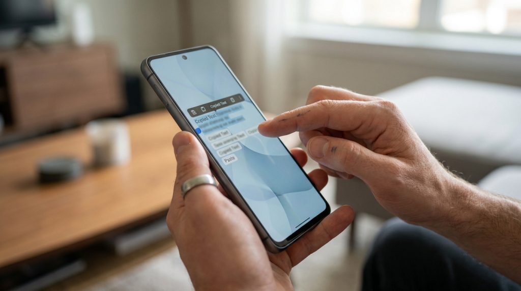 Une personne utilisant le presse-papier sur un smartphone Android pour copier et coller du texte.