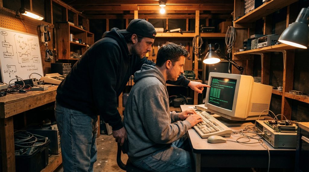 Deux jeunes hommes travaillant sur un vieil ordinateur dans un garage, entourés d'équipements informatiques.