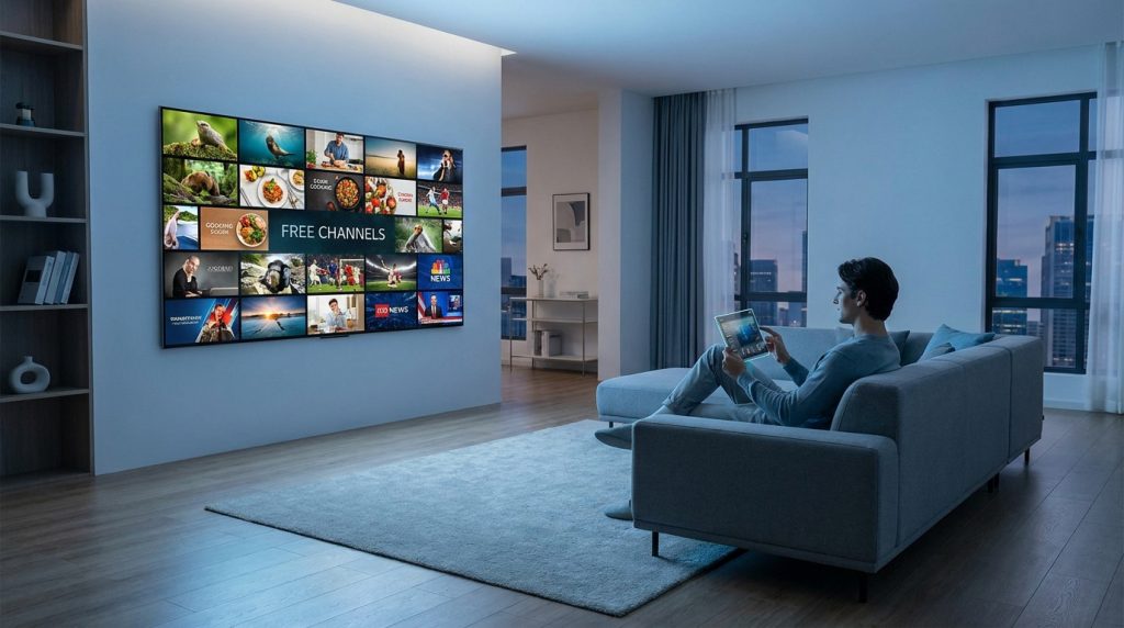 Un homme utilise une tablette dans un salon moderne devant une grande TV affichant une grille de chaînes gratuites.