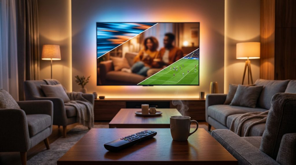 Salon moderne avec une télévision affichant un match de football et un couple, avec une télécommande au premier plan.