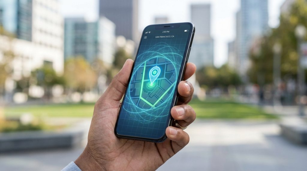 Une main tenant un smartphone affichant une interface numérique de géolocalisation sur fond urbain flou.