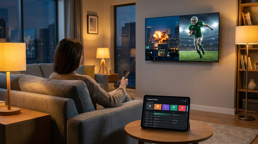Une femme assise sur son canapé regarde la télévision, avec une tablette affichant un guide des programmes au premier plan.