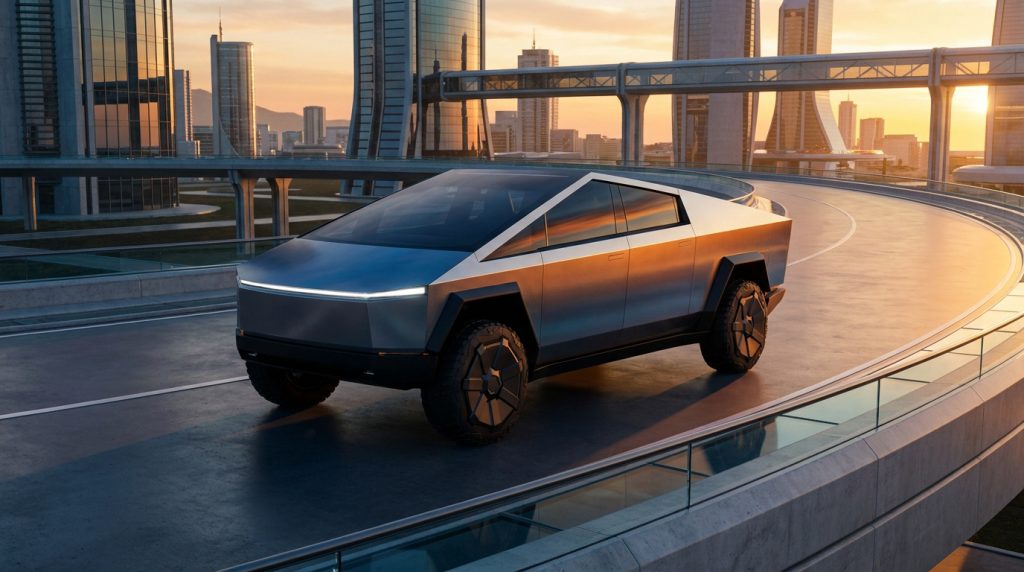 Tesla Cybertruck circulant sur une route urbaine futuriste au coucher du soleil.