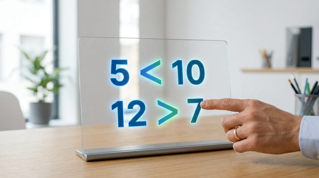 Une main pointe vers un panneau en verre montrant les inégalités mathématiques 5 < 10 et 12 > 7.