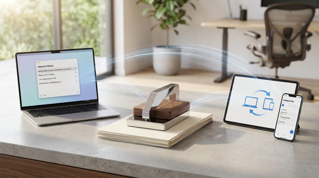 Un presse-papier moderne connectant un ordinateur, une tablette et un smartphone via des flux de données numériques.
