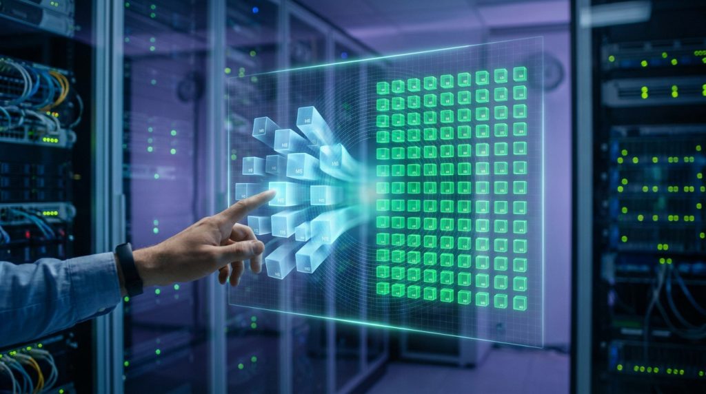 Une main touche une interface holographique affichant des données numériques dans un centre de serveurs.