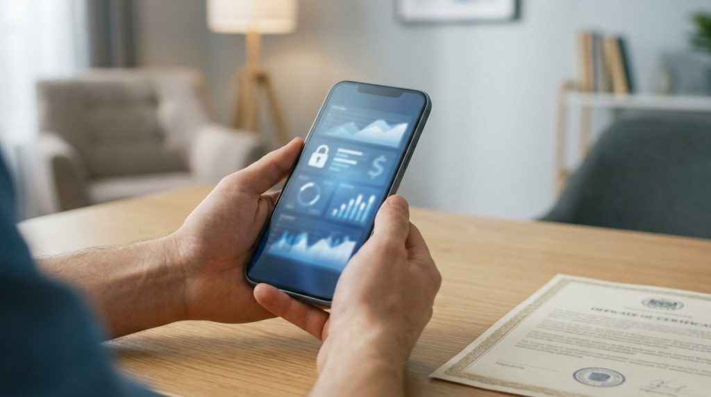 Mains tenant un smartphone affichant un tableau de bord financier sécurisé devant un document officiel.