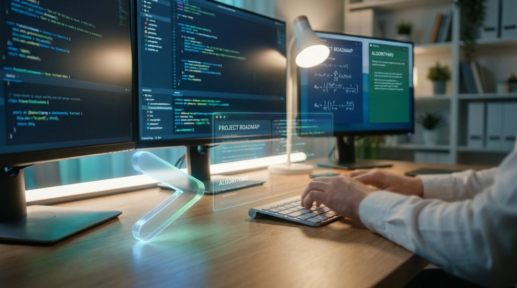 Développeur travaillant sur des écrans avec des lignes de code et un signe supérieur holographique lumineux sur le bureau.