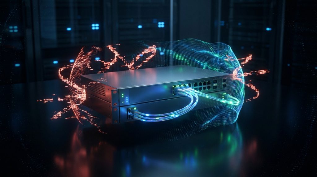 Un switch réseau dans un data center protégé par un bouclier holographique numérique bleu et rouge.