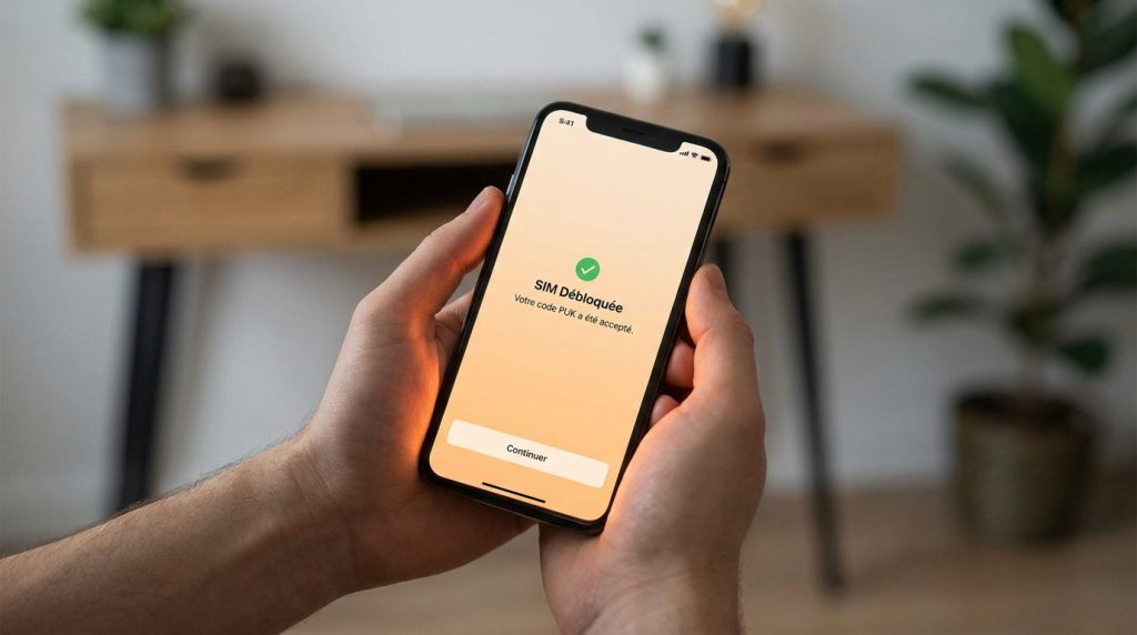Main tenant un smartphone affichant le message de succès de déblocage de la carte SIM.