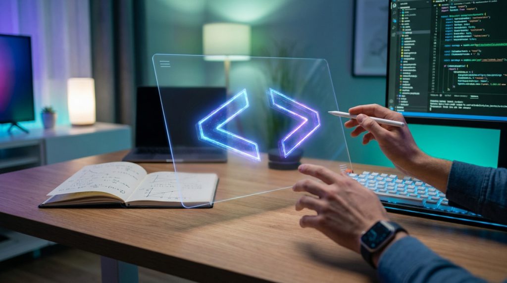 Une personne manipule des symboles holographiques de code sur une tablette transparente dans un bureau moderne.