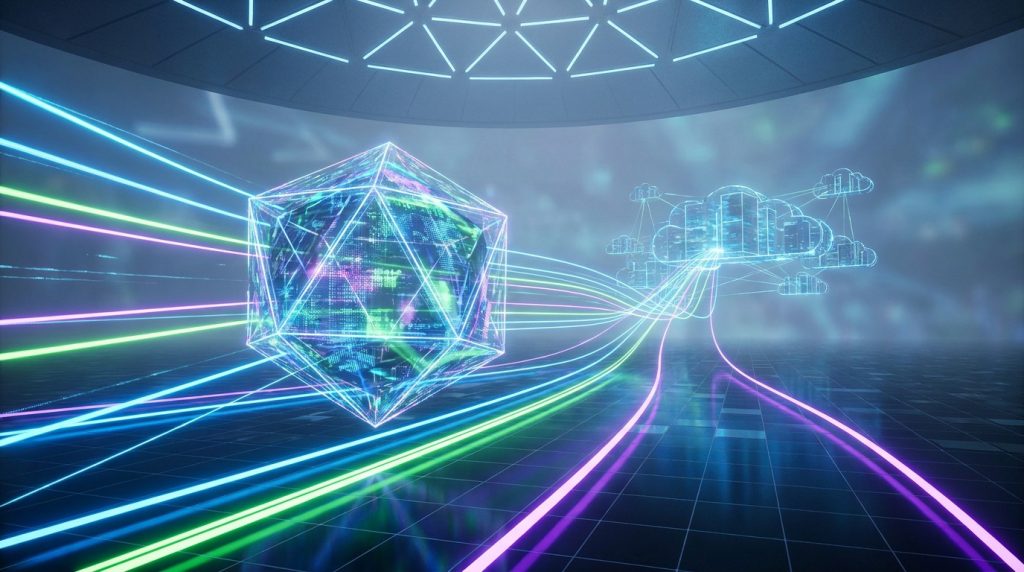 Représentation futuriste de transfert de données via des flux lumineux entre un polyèdre et un serveur cloud.