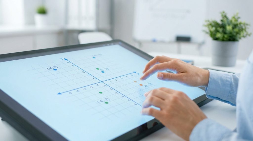 Une personne manipulant un graphique cartésien avec des coordonnées sur une tablette numérique interactive.