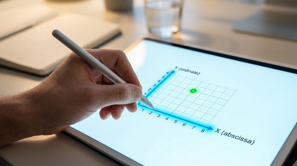 Une main utilise un stylet sur une tablette pour placer un point sur un graphique cartésien en 2D.