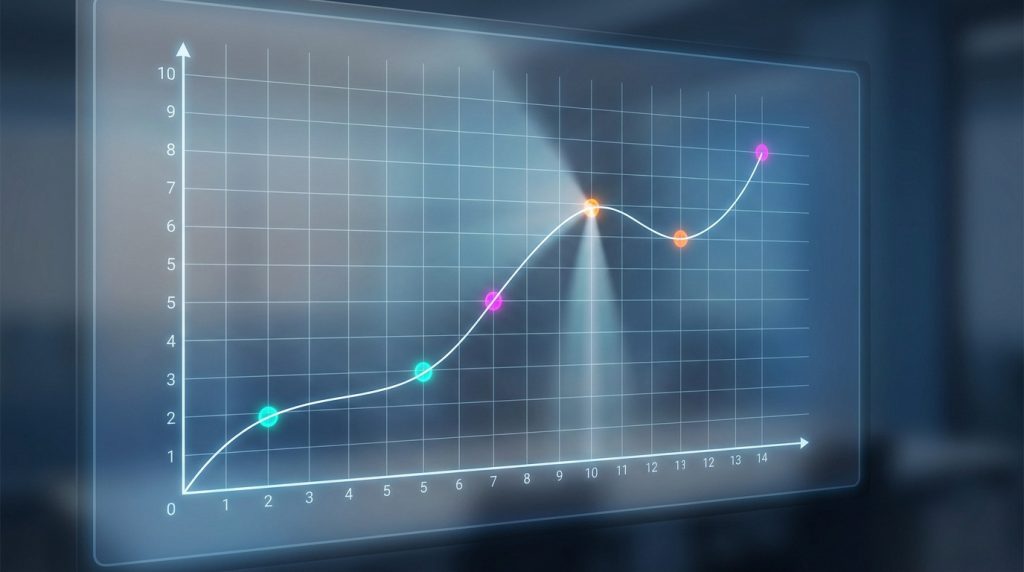 Un graphique numérique translucide affichant une courbe ascendante avec des points de données colorés sur un fond flou.