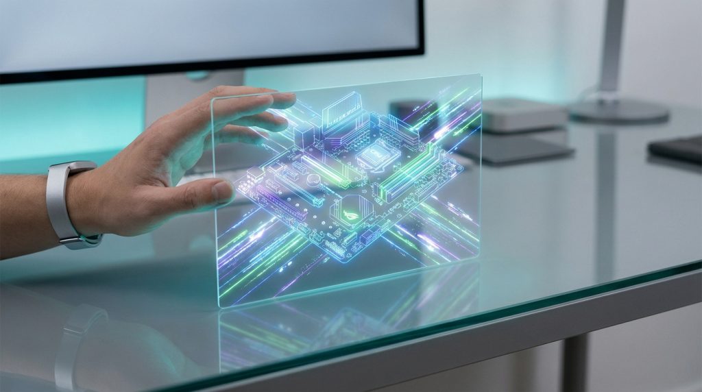 Une main manipule une interface holographique représentant une carte mère d'ordinateur sur un bureau moderne.