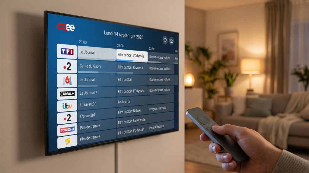 Une personne utilise une télécommande pour naviguer sur l'interface TV OQEE affichée sur un écran plat dans un salon.