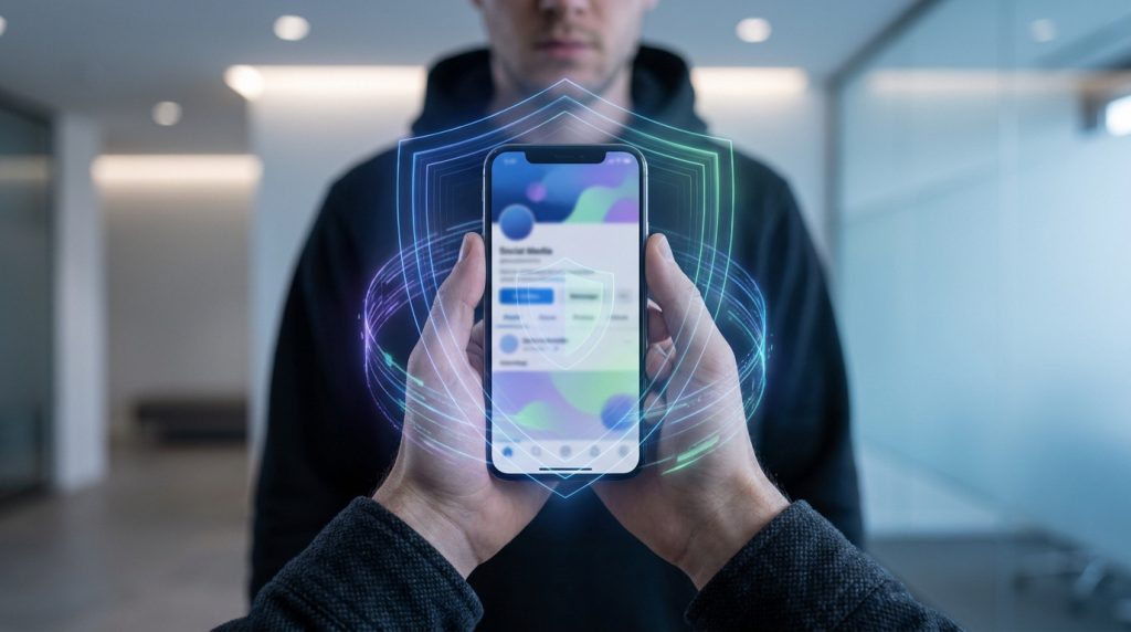 Mains tenant un smartphone avec un bouclier holographique numérique devant une personne dans un bureau.
