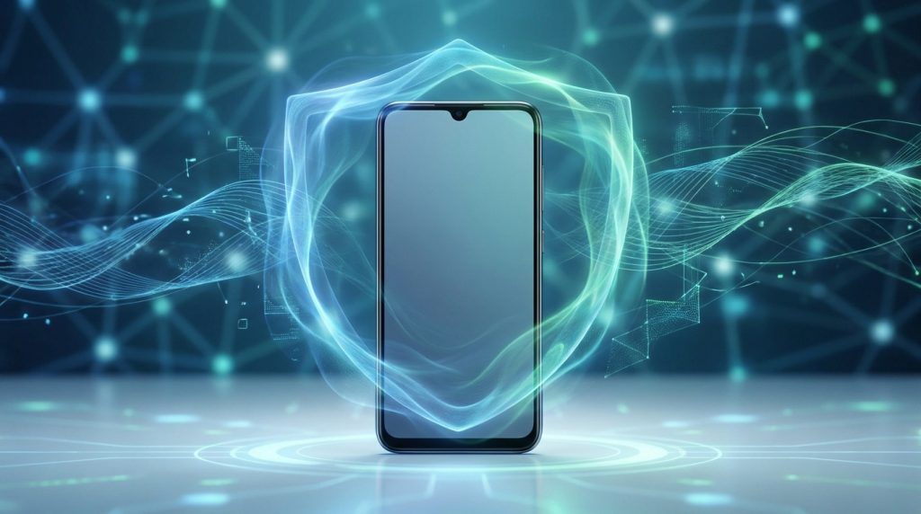 Un smartphone protégé par un bouclier d'énergie numérique sur fond de réseau connecté bleu et vert.
