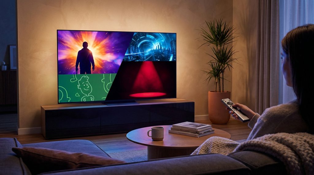 Une femme regarde une télévision grand écran avec des images variées dans un salon chaleureux et tamisé.