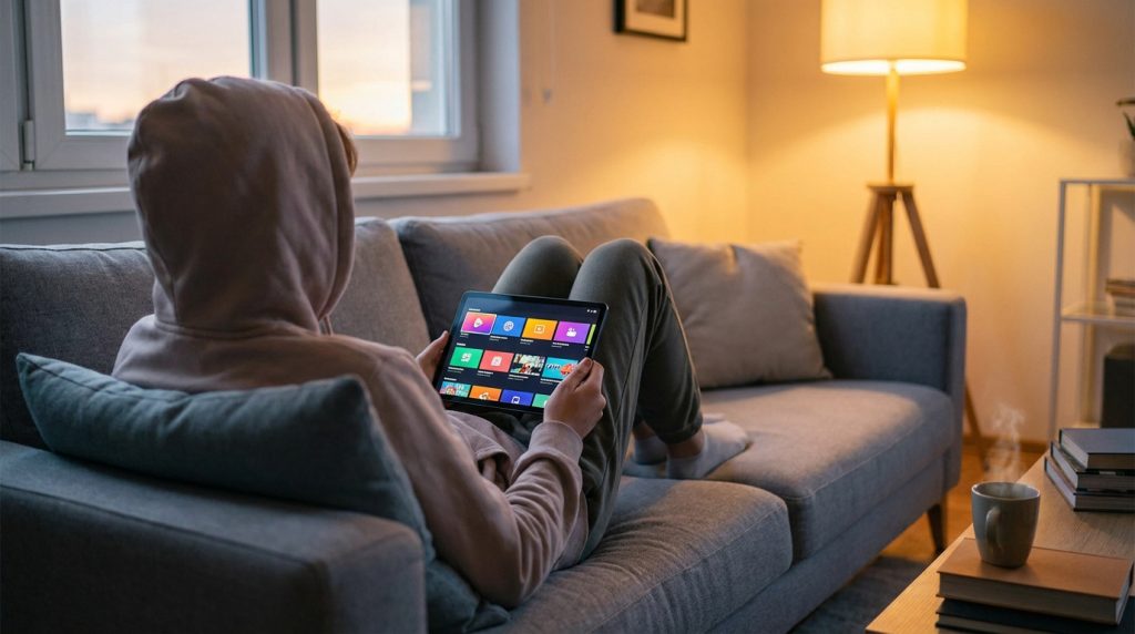 Une personne en sweat à capuche consulte le guide des programmes TV Freebox sur sa tablette, installée confortablement.
