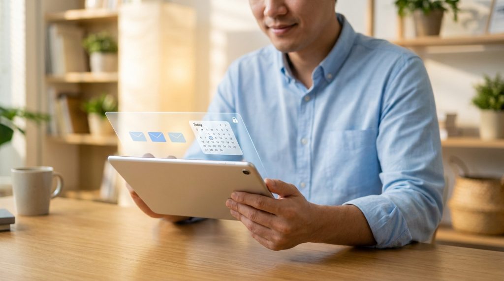 Un homme utilise une tablette avec une interface holographique affichant des icônes d'e-mails et un calendrier.