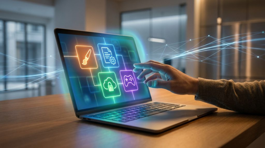 Main interagissant avec des icônes numériques lumineuses sur l'écran d'un ordinateur portable.