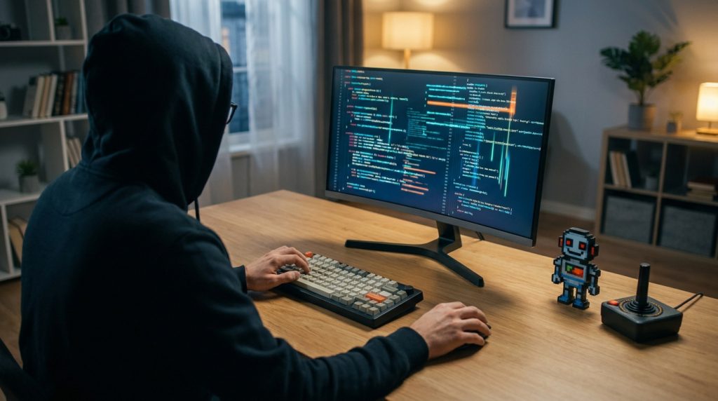 Un développeur en sweat à capuche travaillant sur du code source devant un ordinateur dans un bureau moderne.